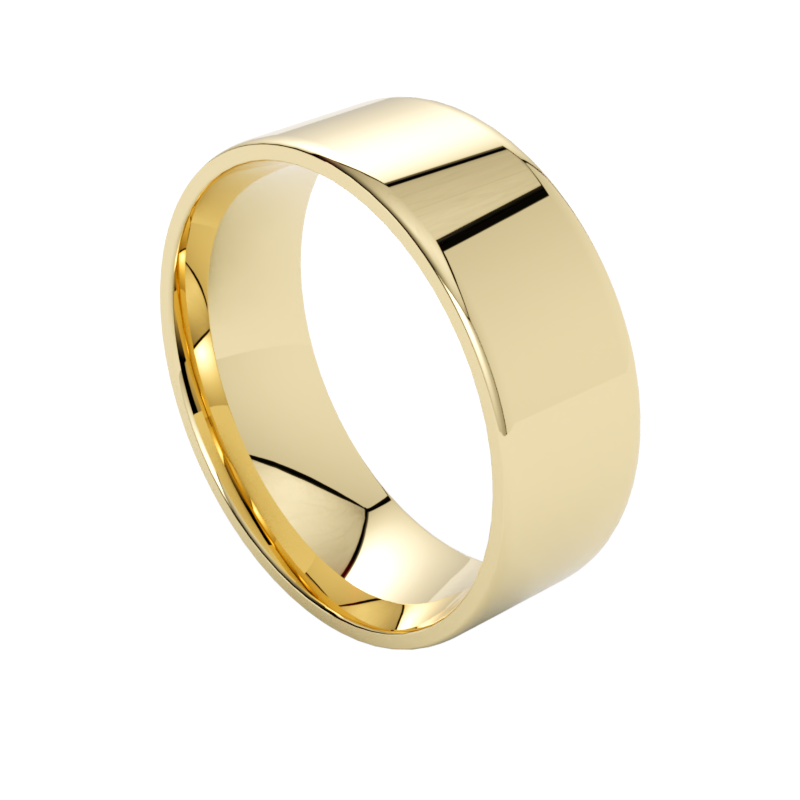 Płaska szeroka obrączka ślubna z żółtego złota